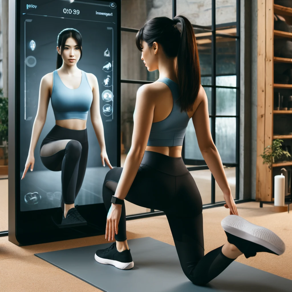 Una mujer en un estudio de fitness haciendo ejercicio frente a un espejo inteligente que muestra retroalimentación interactiva.
