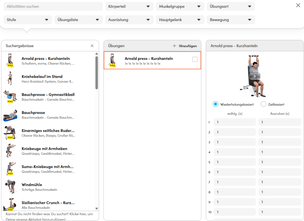 Schritt 2: Übungen festlegen