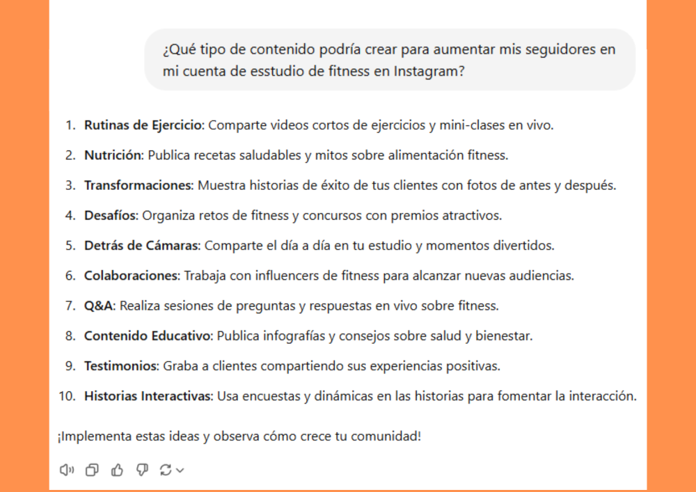 Captura de ChatGPT con ideas atractivas para el público objetivo de fitness
