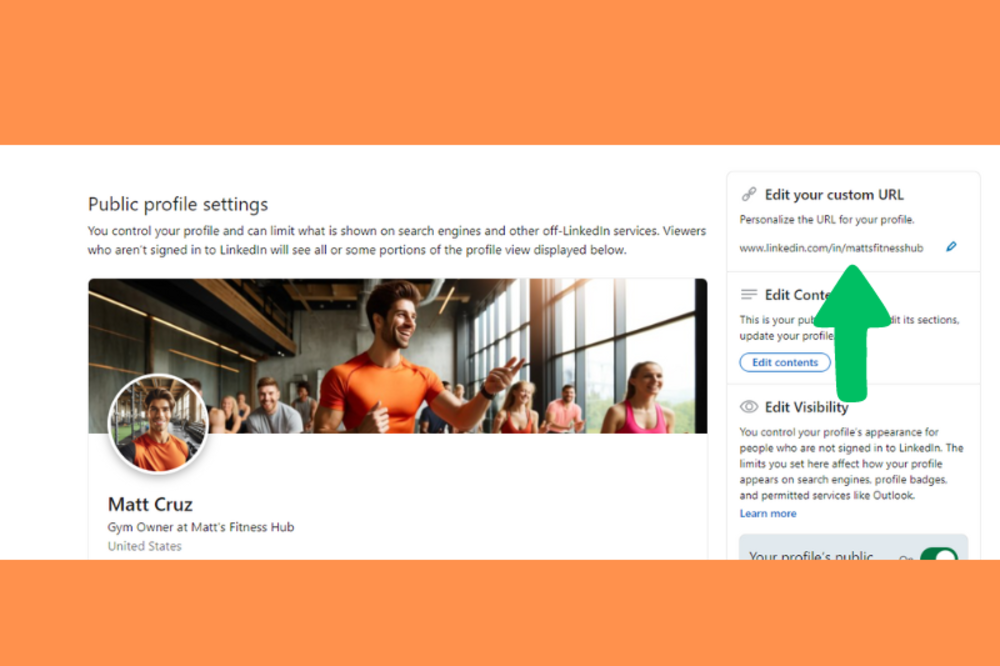 A LinkedIn public profile settings page with an arrow pointing to the option to edit the custom URL for the profile.