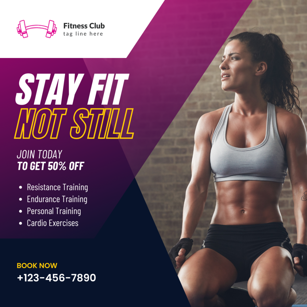 Eine Werbeanzeige für einen Fitnessclub mit dem Text &quot;BLEIB FIT, NICHT STILL&quot; bietet einen Rabatt von 50% und zeigt ein Bild einer Frau beim Training.