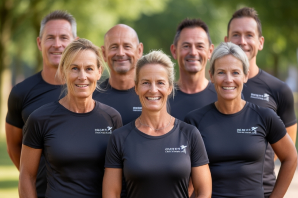 7 gym employees in grey t-shirts smiling