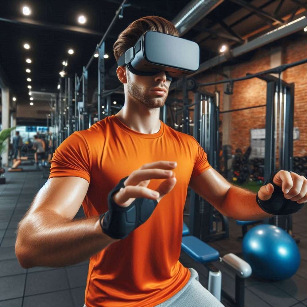 Un entrenador de gimnasio con una camiseta naranja usando un casco de realidad virtual, mostrando ejercicios en un entorno de gimnasio moderno.
