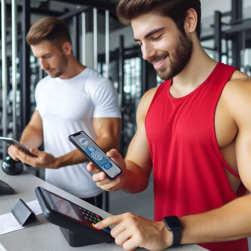 Un miembro del gimnasio con una camiseta roja usando un teléfono móvil para registrarse en el gimnasio, con otro miembro usando una tablet en el fondo.
