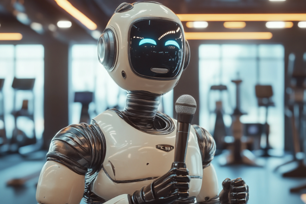 An AI robot holding a mic in a gym setting