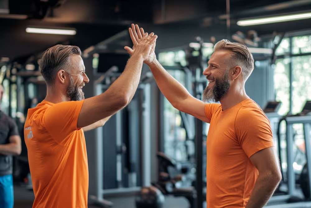 two personal trainers high fiving each other