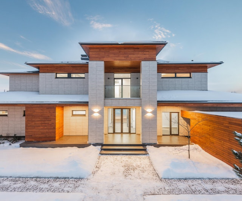Contemporary country house facade in winter