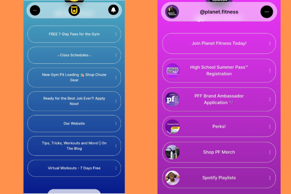 Una captura de pantalla de los destacados de historias de Instagram de dos marcas de fitness, mostrando varias opciones como pases gratuitos para el gimnasio y horarios de clases.