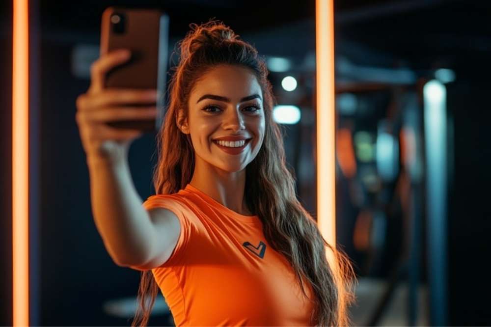 Una chica con ropa fitness grabando un video para su audiencia de TikTok