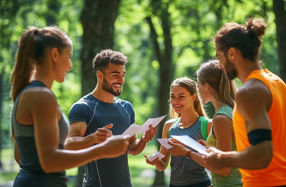 Personal trainer with his clients outdoor