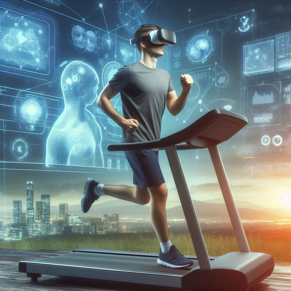 Man running on a treadmill wearing a Virtual Reality (VR) headset, with a high-tech virtual environment displayed in the background.