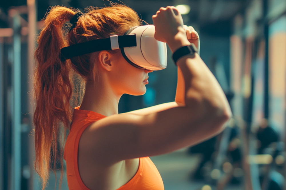 A woman wearing a VR headset in a gym, preparing for an immersive workout while dressed in orange activewear.