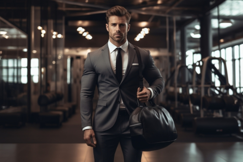 A man in office suit in the gym