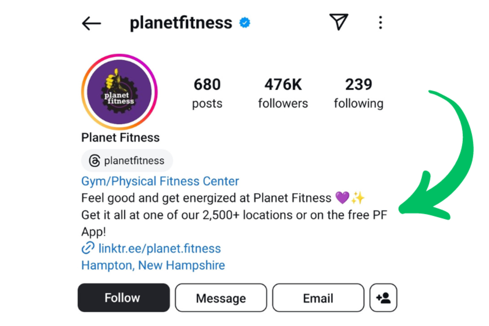 An Instagram bio of Planet Fitness, showing follower count, description, and a link to their website