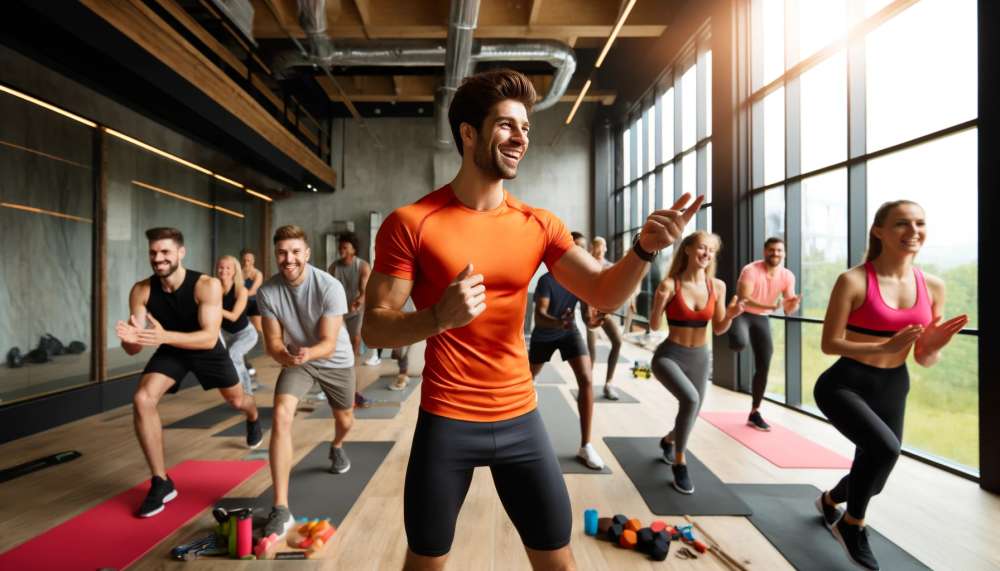Un grupo de personas participando en una clase de fitness dirigida por un entrenador con una camiseta naranja, en un gimnasio con grandes ventanas y luz natural.