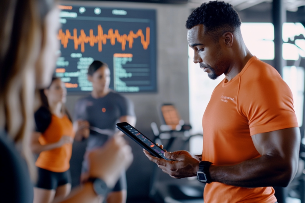 A personal trainer holding a tab