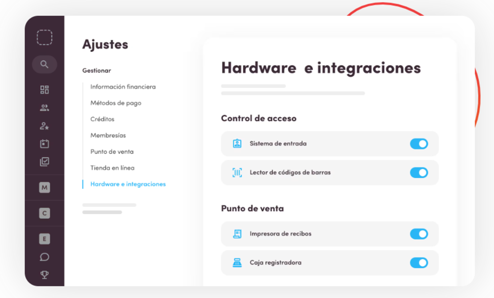 Funciones del producto como integración, reservas hechas por clientes, sitio web y cursos de yoga para clientes