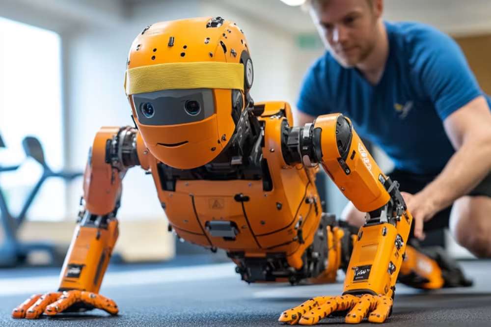 Robot assisted by a trainer doing a push-up ai tools for fitness business