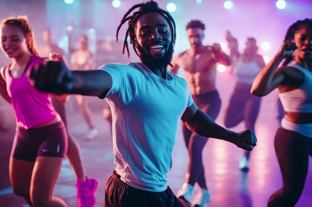 A group of people in a fitness class, performing synchronized movements in a dark, neon-lit gym setting.