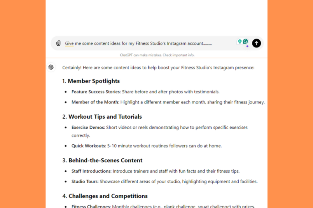 A screenshot of ChatGPT displaying content ideas for boosting a fitness studio&rsquo;s Instagram presence