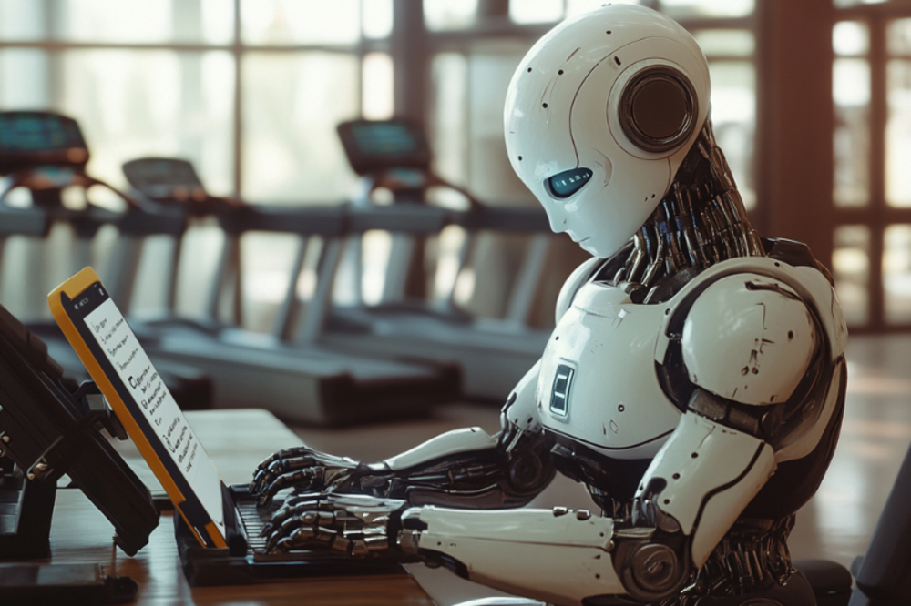 A humanoid robot working on a laptop in a gym environment.