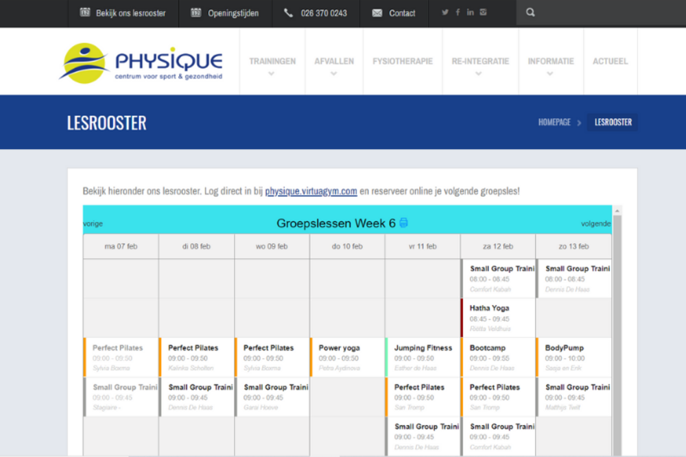 Virtuagym lesrooster software up-to-date op website plaatsen