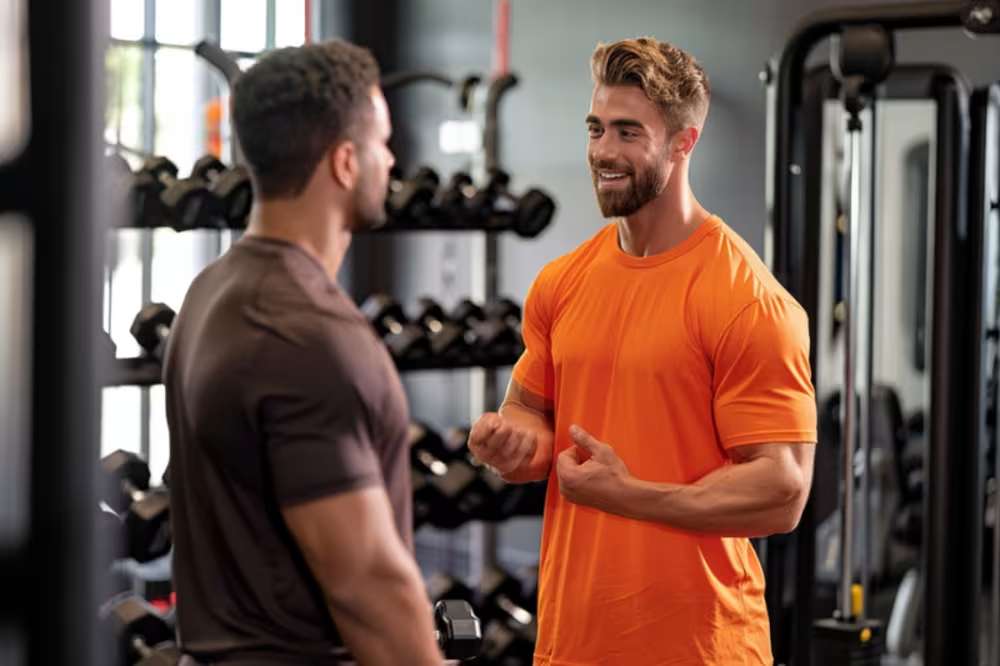 A personal trainer to speaking to a client in a gym