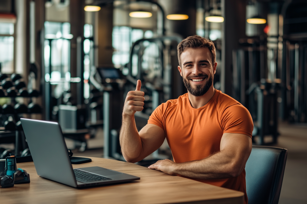 probleemloze klantervaring sportschooleigenaar met laptop in sportschool