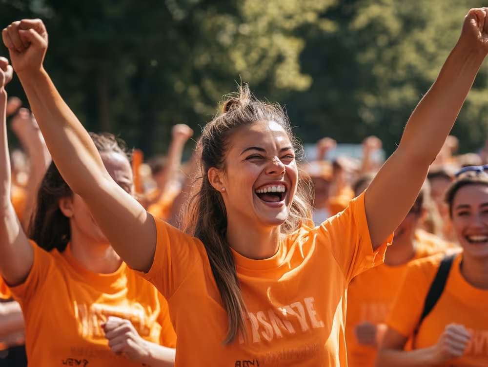 A joyful woman in an orange shirt raises her arms in celebration, surrounded by a cheering crowd.