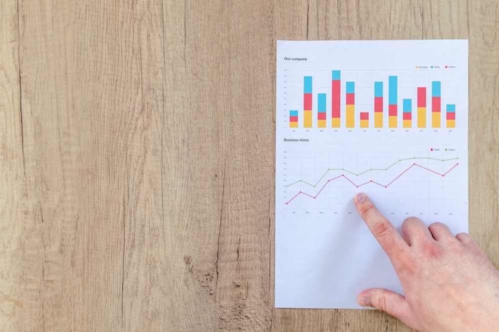 finger points on the paper with graphs and statistics