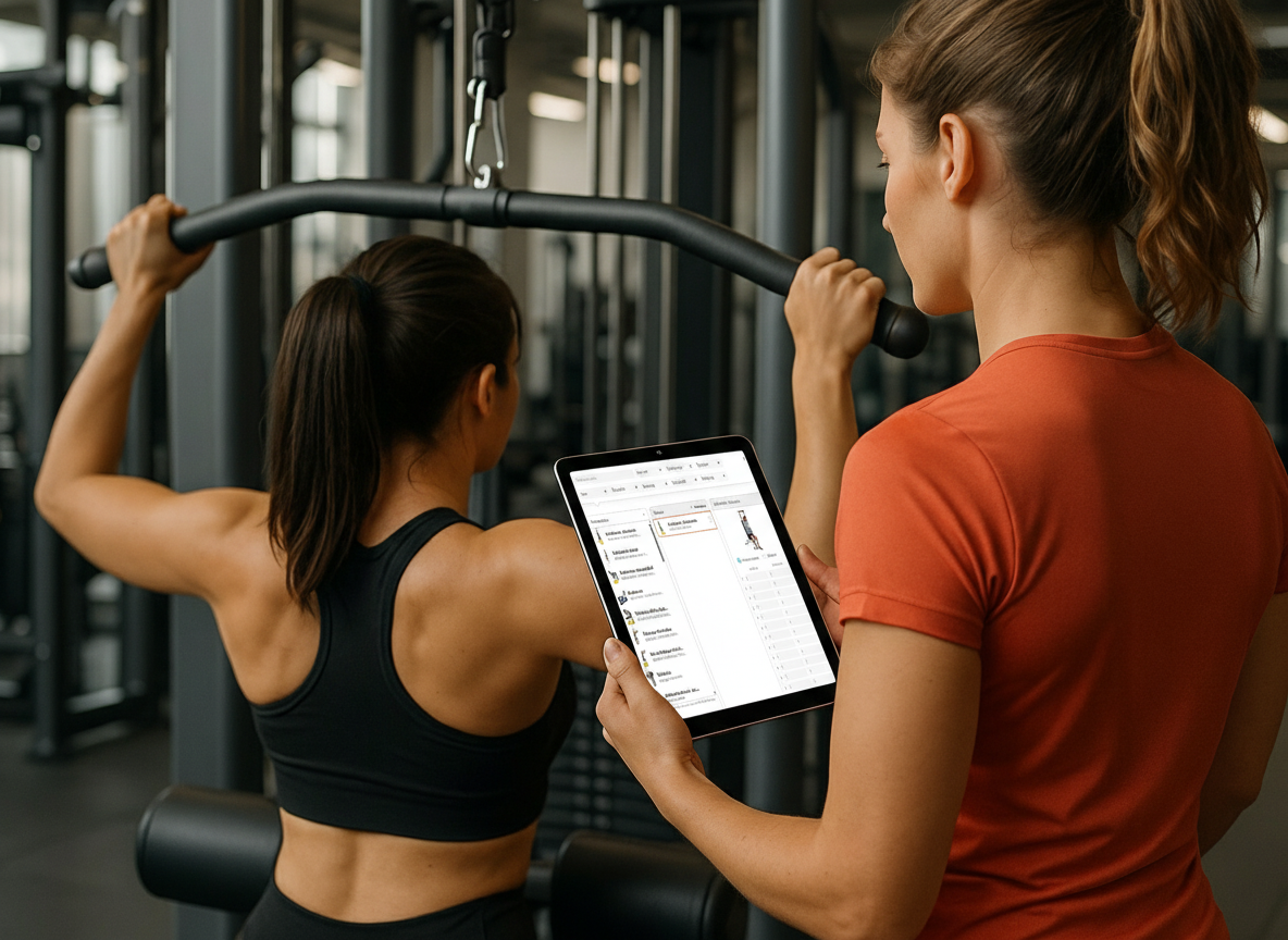 Personal Trainerin mit Trainingsplan Vorlage