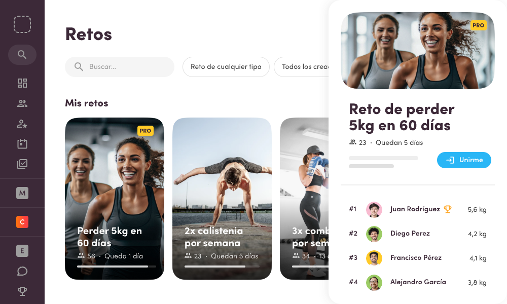 Una captura de pantalla de una aplicación de fitness que muestra desafíos comunitarios como la pérdida de peso, fomentando la participación de los miembros.