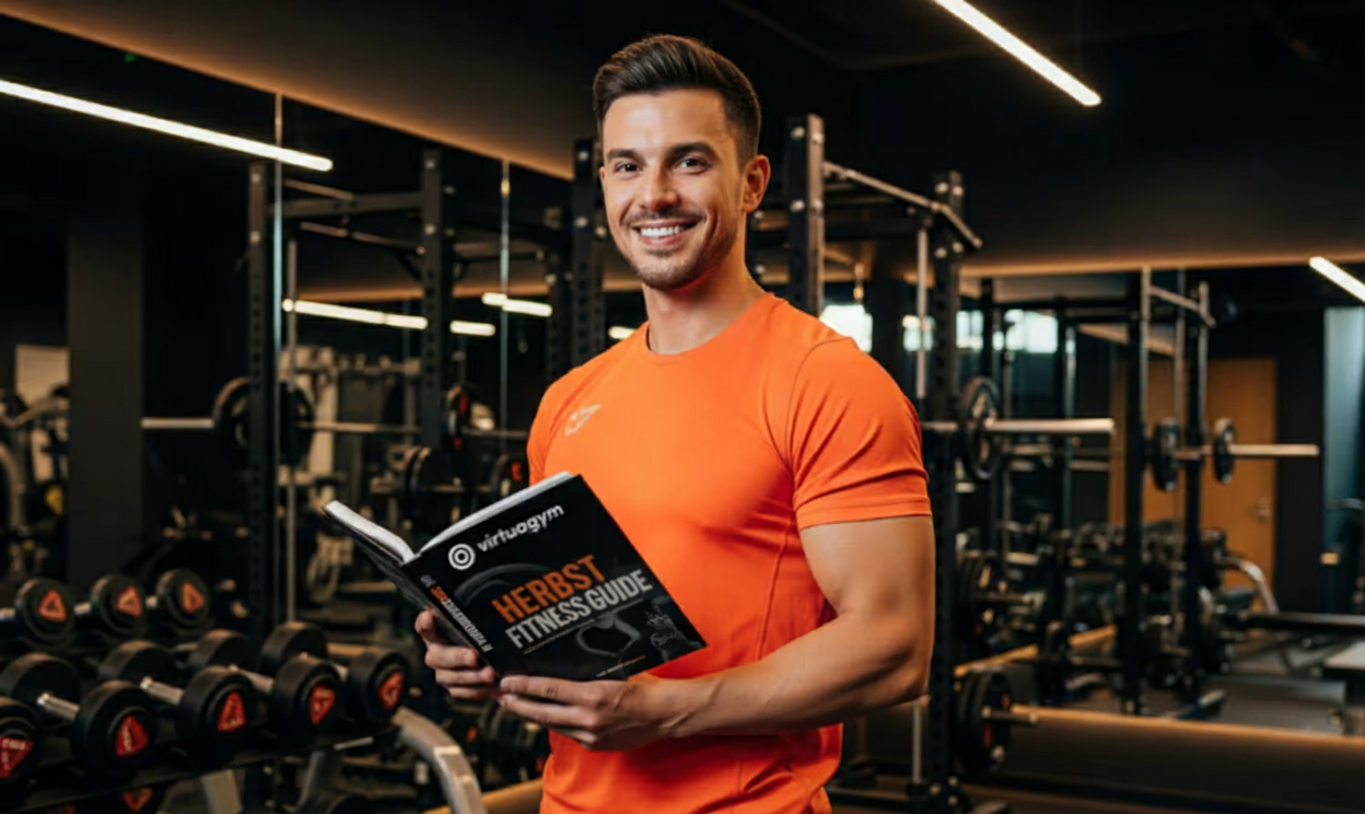 Deutscher Fitnesstrainer mit orangenem Tshirt