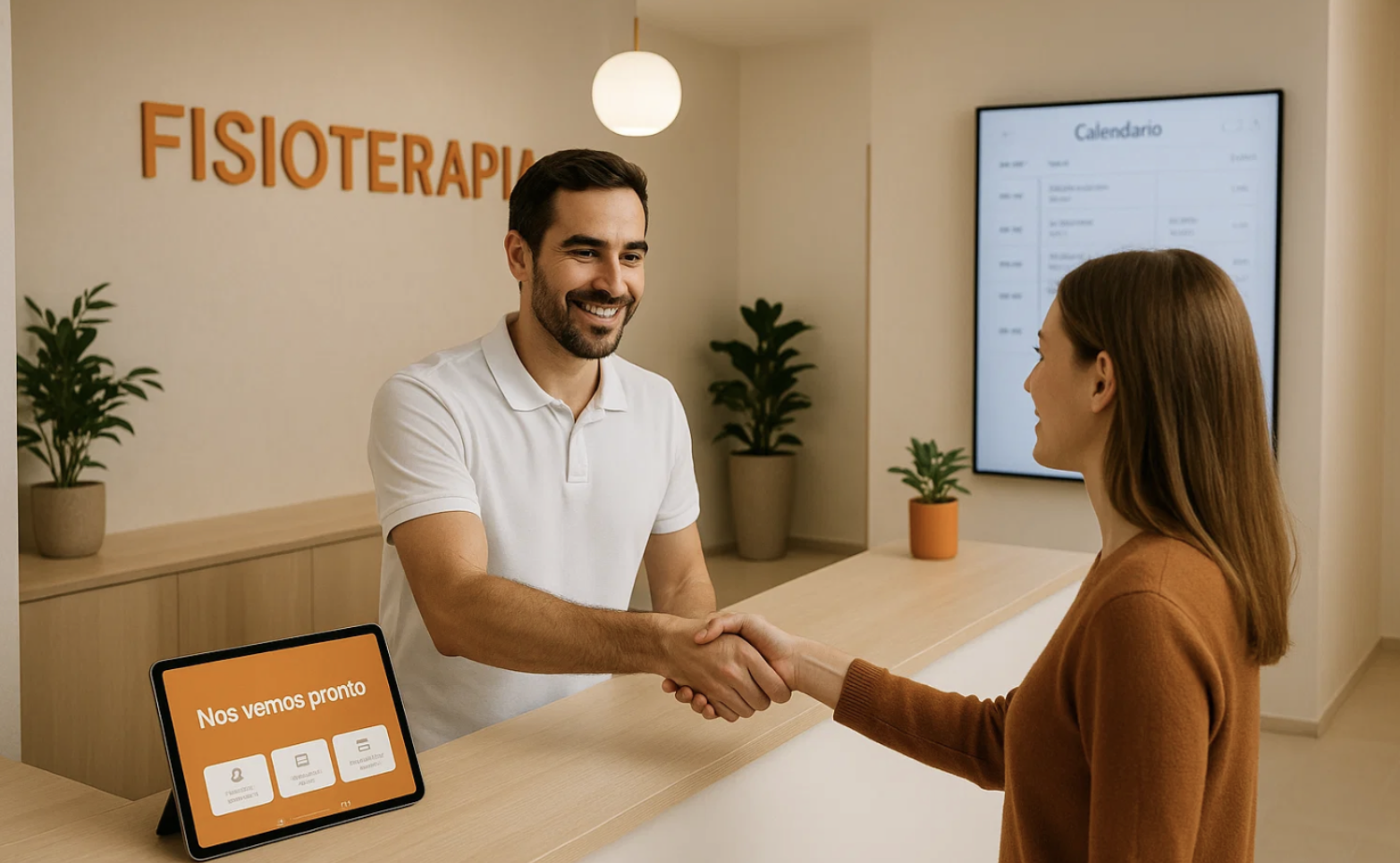 Usuarios de clínicas de fisioterapia ponen su firma en los formularios de la tablet