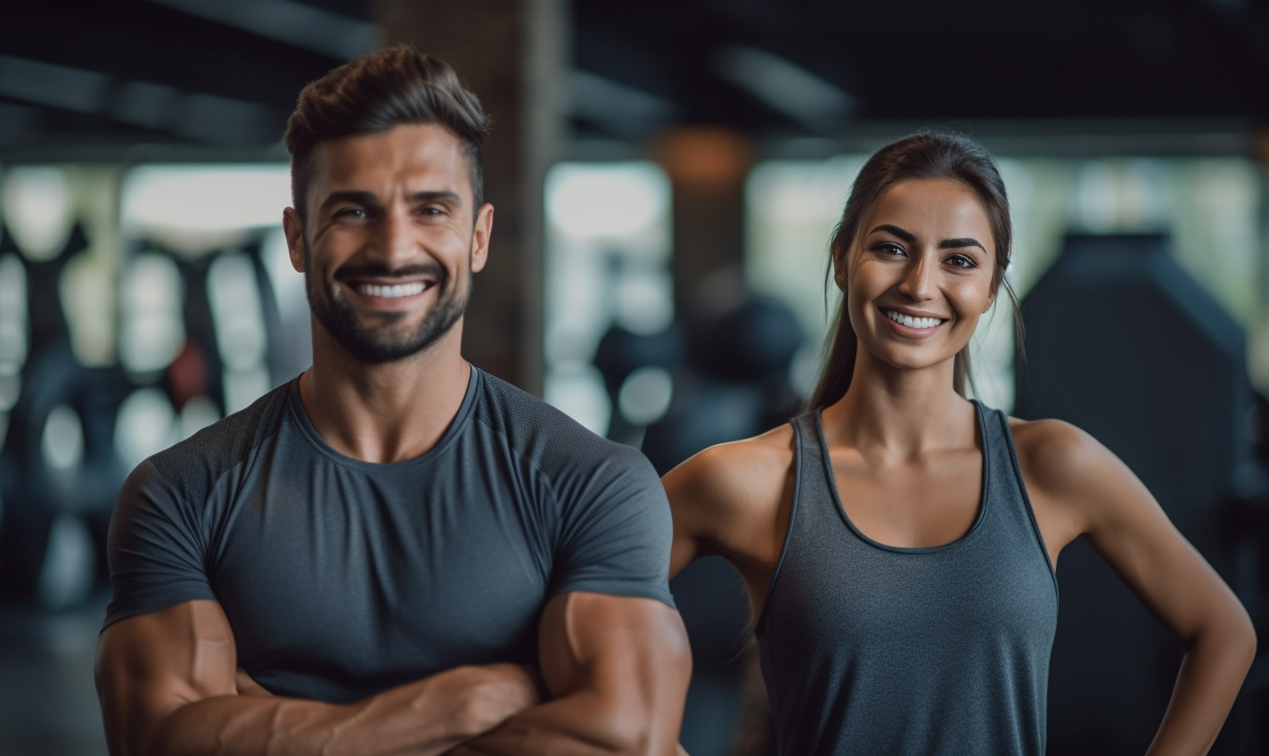 Man and woman personal trainers in the gym