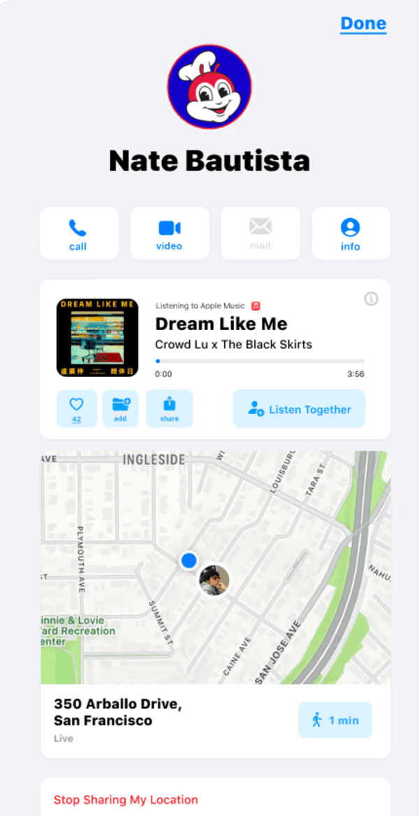 The final listening activity card on a contact's profile.