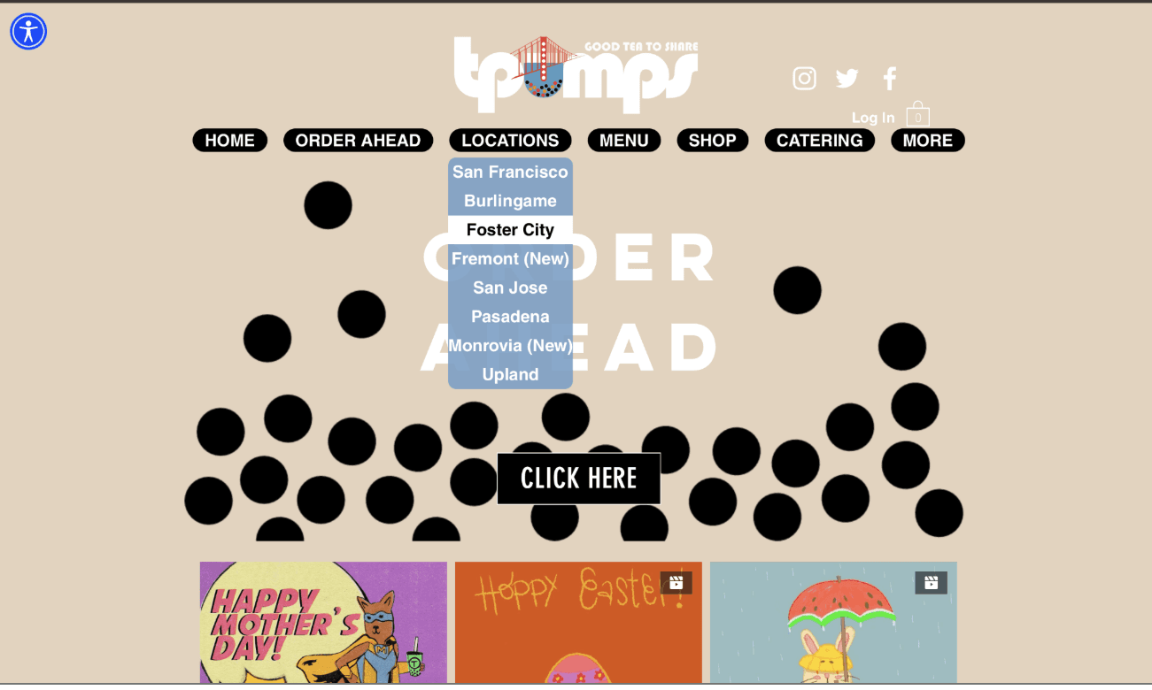 The old tpumps.com order page, with its location dropdown open.