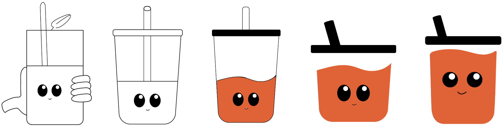 Five steps abstracting the cup character, left to right, into the final flat mark.