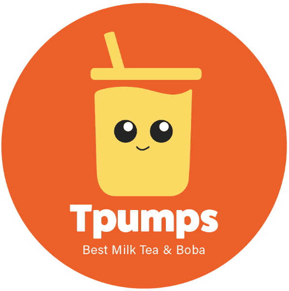 The final mark: a yellow cup character with a straw, on an orange roundel reading Tpumps, Best Milk Tea & Boba.