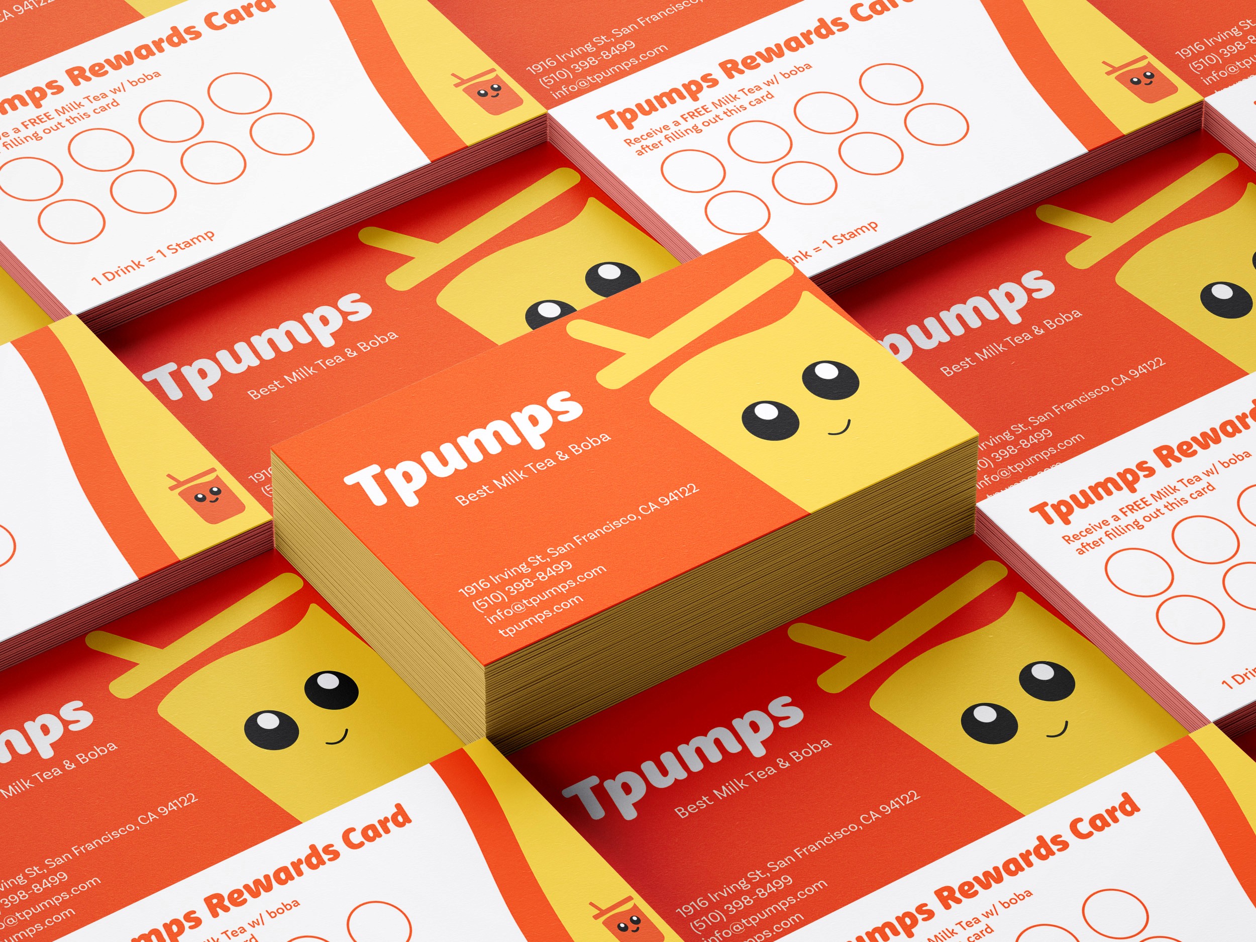 T-Pumps rewards cards, fanned and stacked, in orange and yellow.