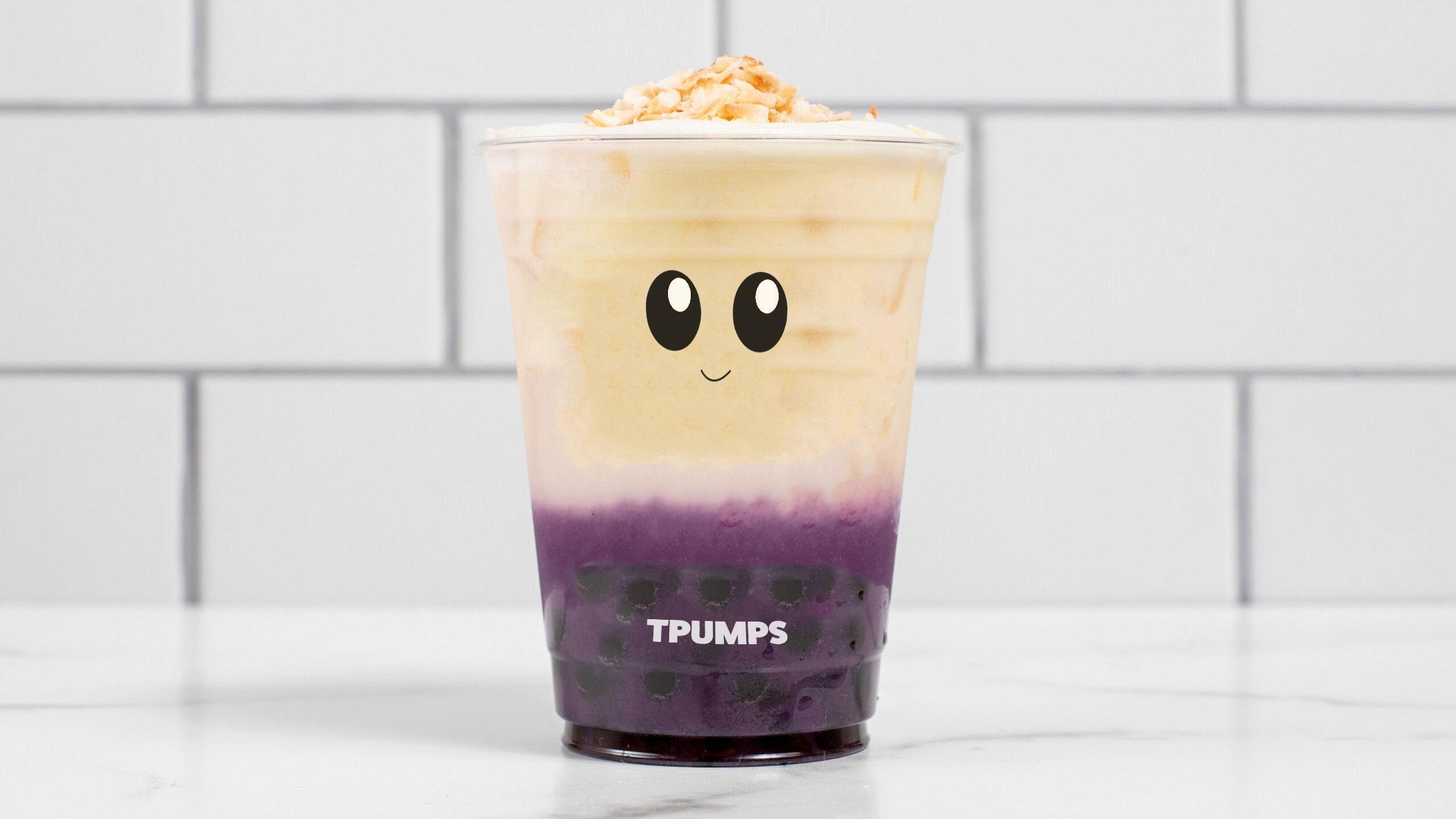 A taro and cream drink in a cup carrying the mark.