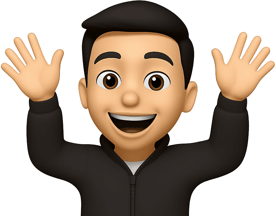 A memoji of Nate with both hands up.