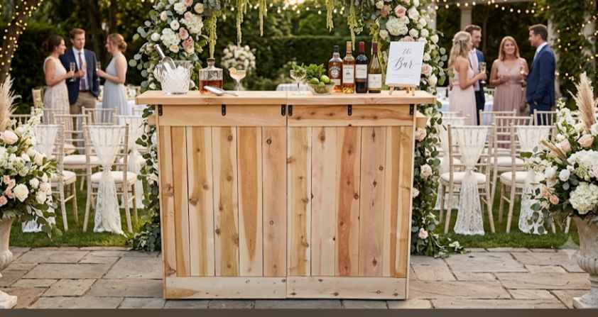 5ft Two-Tier Rustic Cedar Mobile Bar (48" Top Tier / 42" Serving Shelf)
