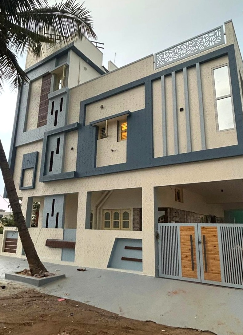 G+1 geometric blue-grey house Hoskote Town