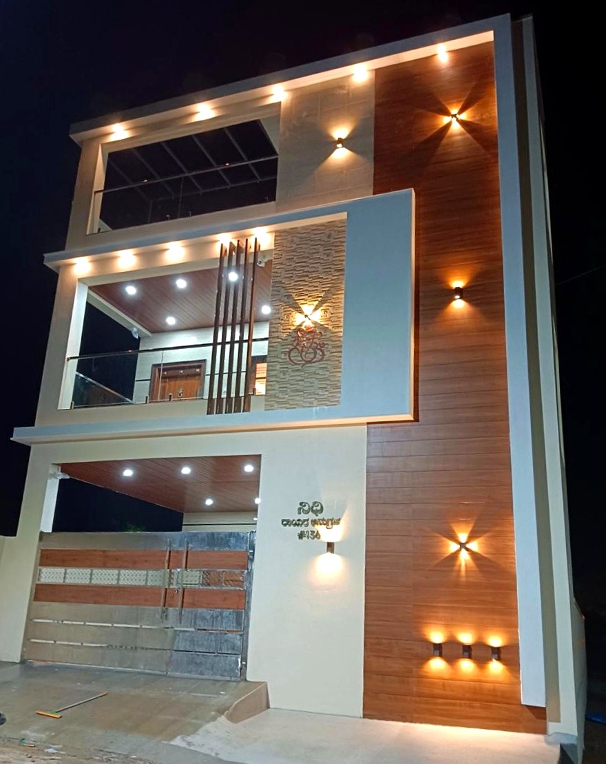 G+2 premium wood and stone facade villa Hoskote, night view