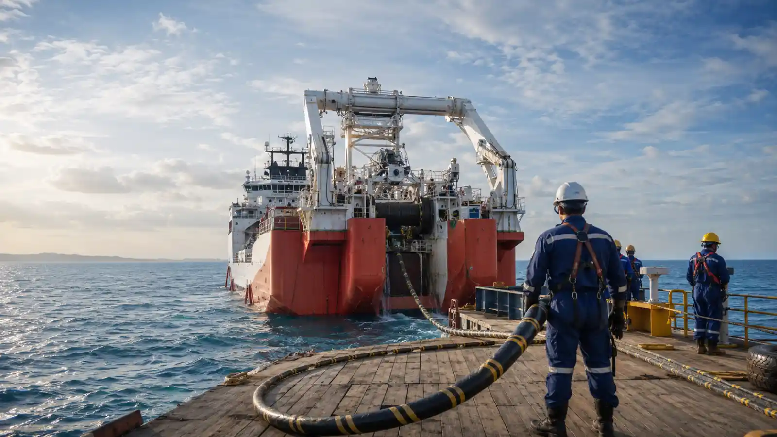 Kapal penggelar kabel bawah laut dan teknisi offshore dalam proyek infrastruktur telekomunikasi