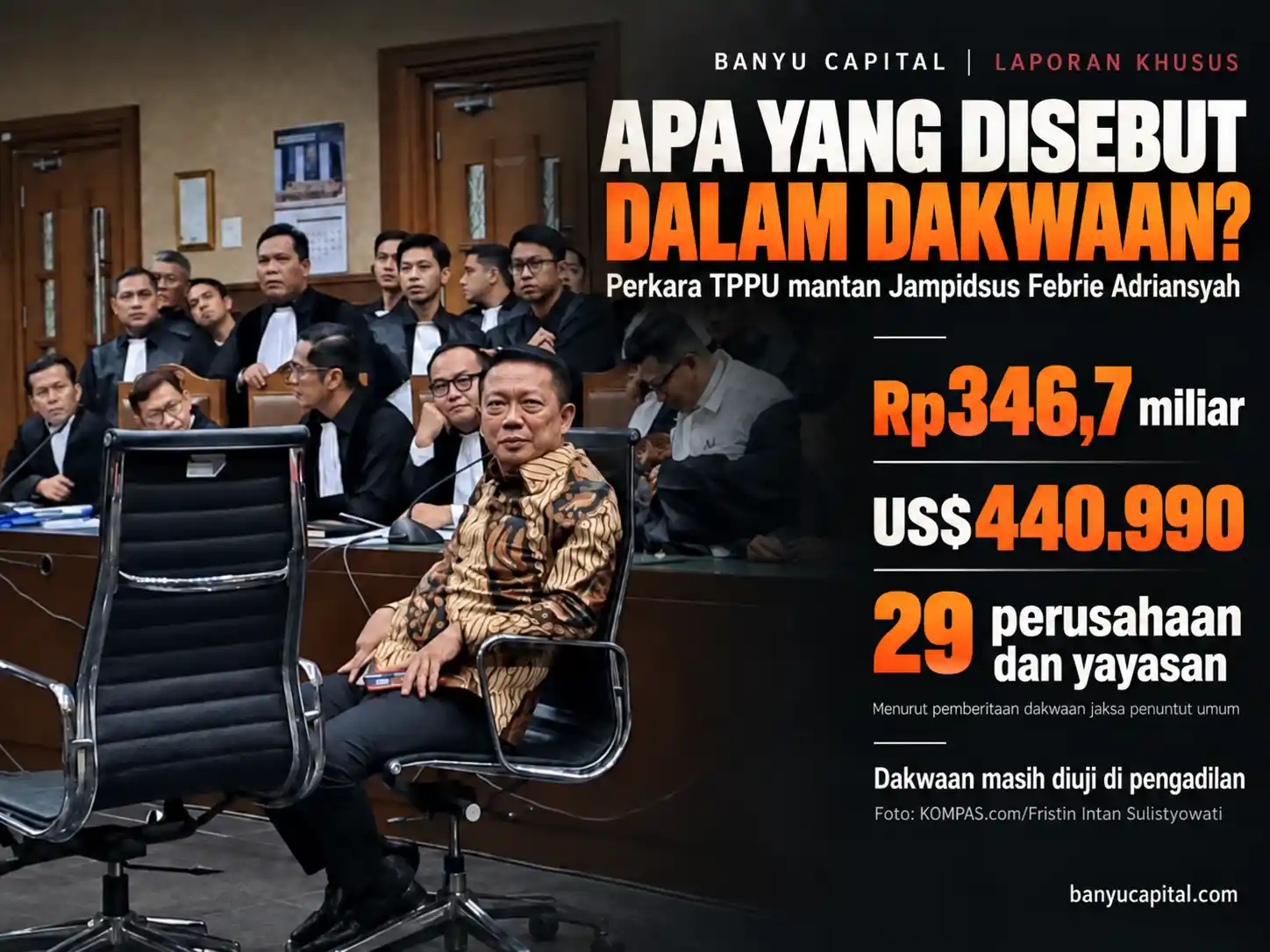 Visual Laporan Khusus mengenai dakwaan TPPU terhadap Febrie Adriansyah, termasuk nilai Rp346,7 miliar, US\$440.990, dan 29 perusahaan serta yayasan yang disebut jaksa.