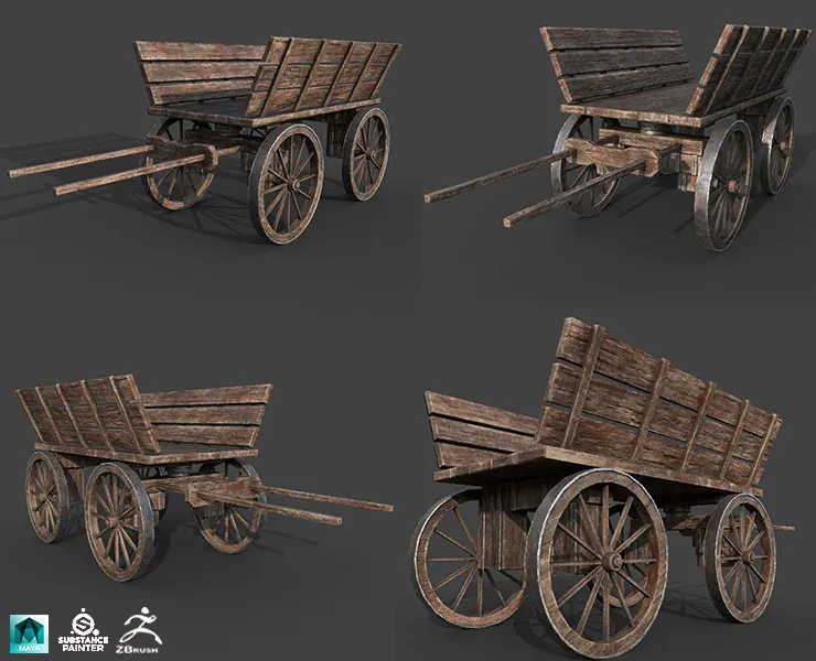 MEDIEVAL WOODEN CART GAME READY