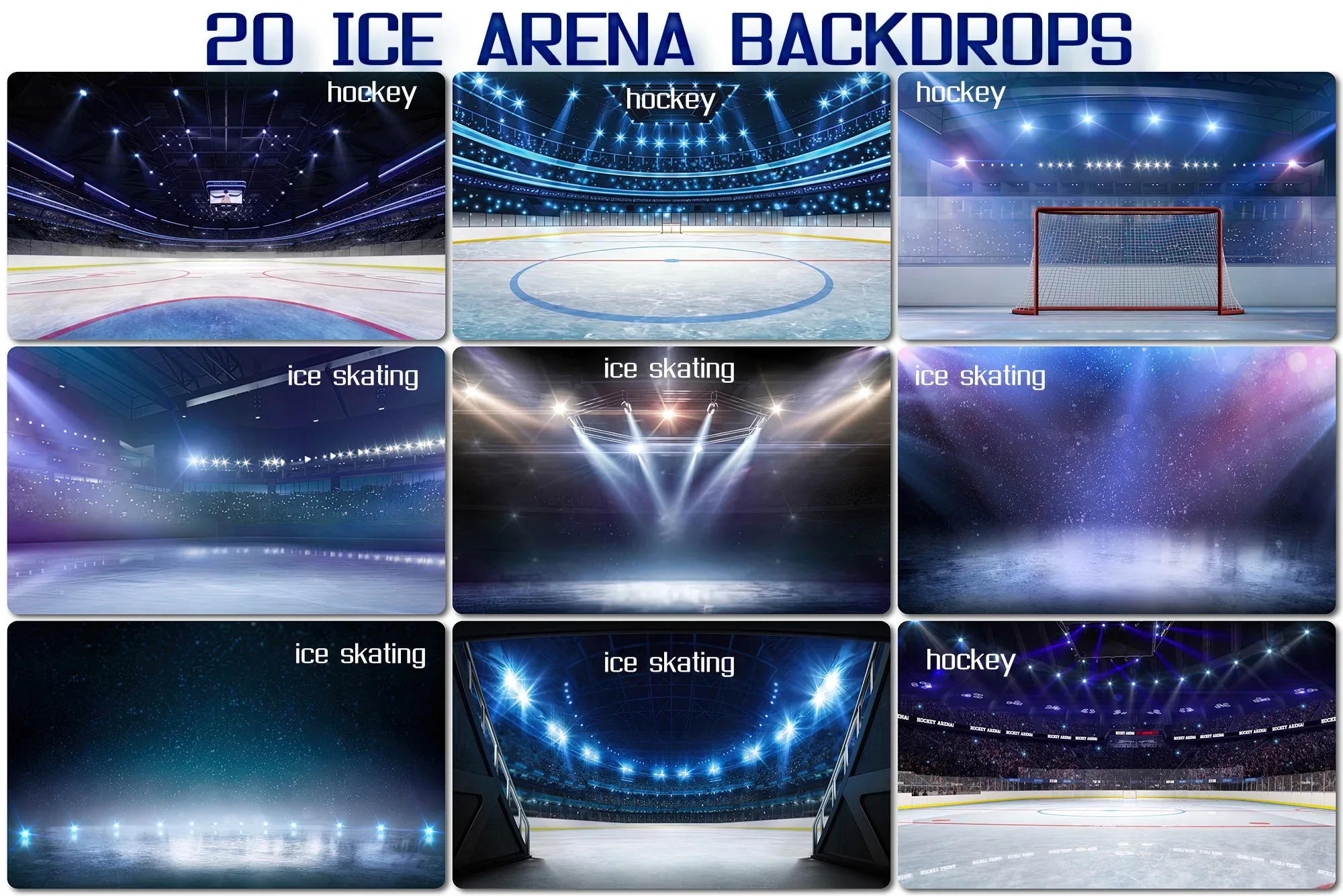 20 Ice Arena Backdrops, Empty ice rink, hockey skating stadium