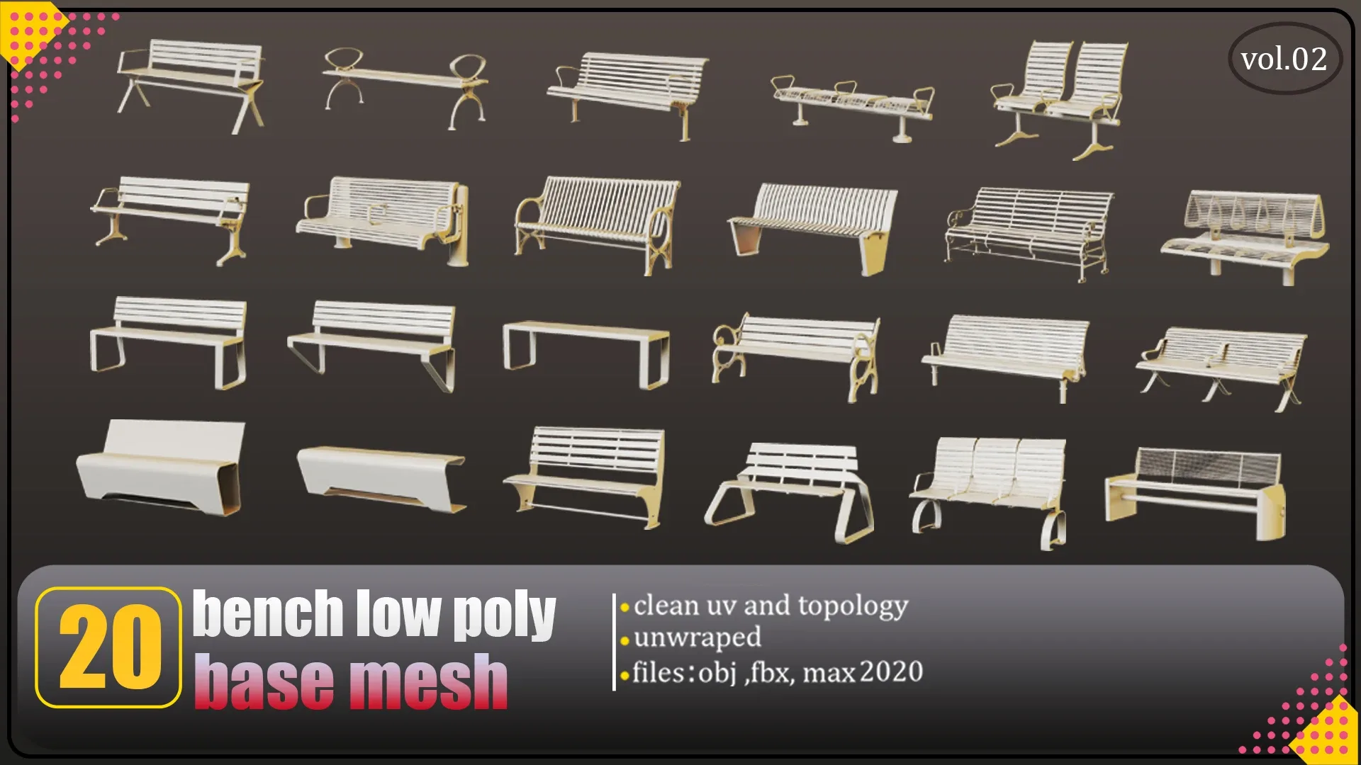 20 bench lowpoly basemesh : fbx,obj,3dsmax